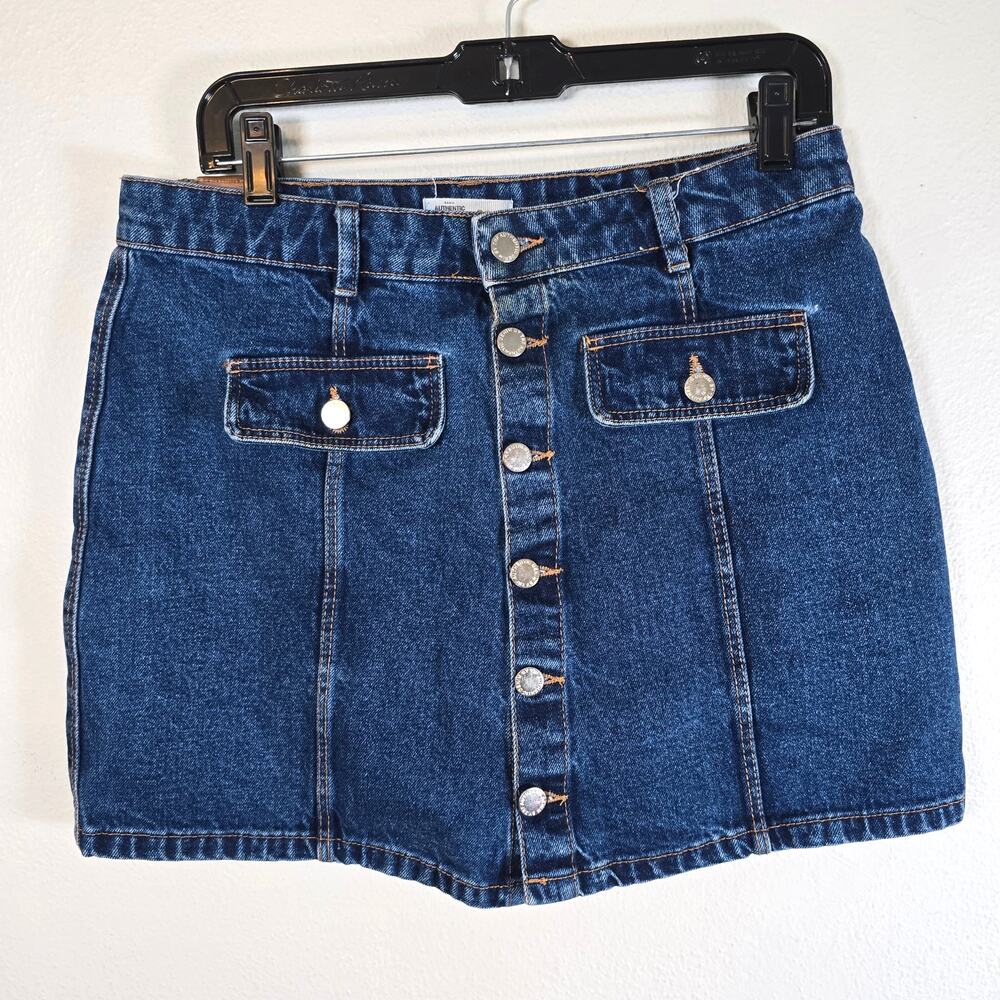 Zara Denim Mini Skirt Womens L Blue Cotton Button Up Flap Pocket Festival Casual
